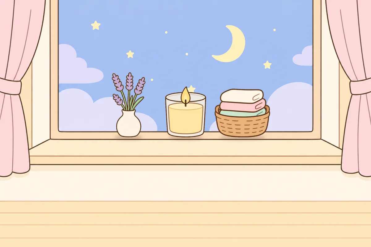 고양 여성전용 페이셜 마사지 안내 그림, 밤 창가 창턱 위의 라벤더 꽃병, 향초, 수건 바구니