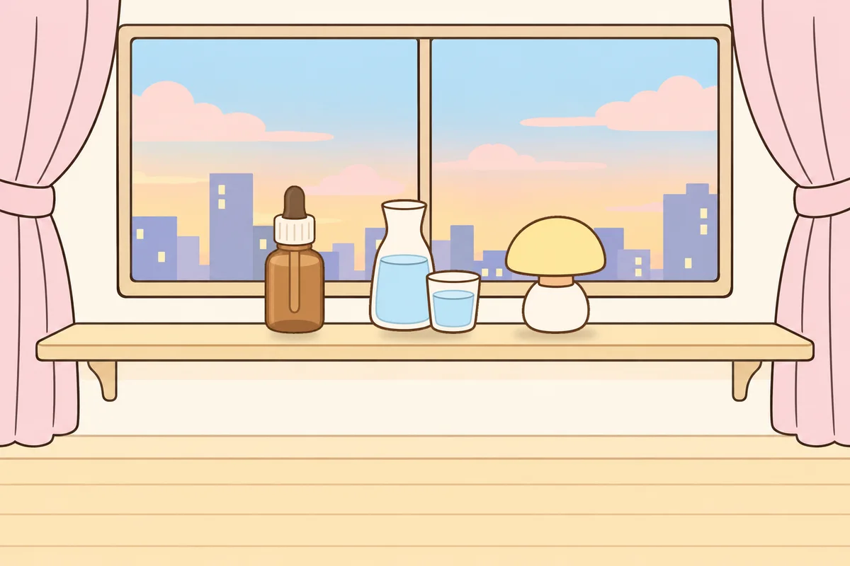 고양 여성전용 브라이덜 케어 안내 그림, 호텔 창가 선반 위의 오일병, 물병, 무드등