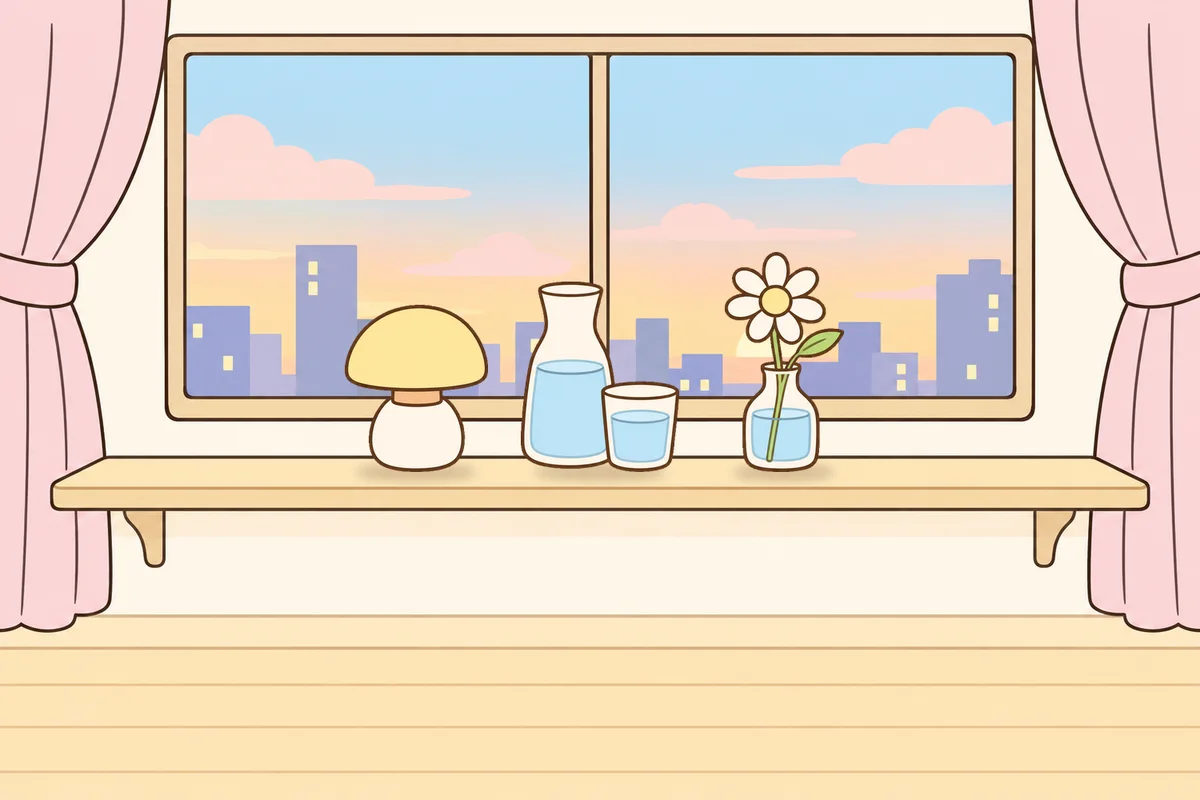 고양 여성전용 마사지 가격 안내 그림, 호텔 창가 선반 위의 무드등, 물병, 데이지 꽃병