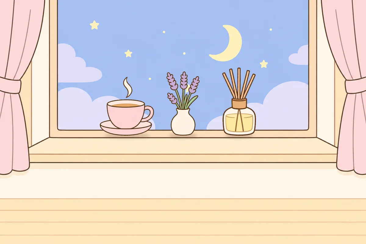 고양 여성전용 출장 마사지 안내 그림, 밤 창가 창턱 위의 찻잔, 라벤더 꽃병, 디퓨저
