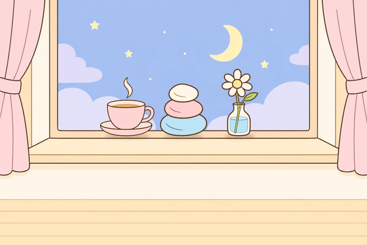 화성 여성전용 아로마 마사지 안내 그림, 밤 창가 창턱 위의 찻잔, 조약돌, 데이지 꽃병