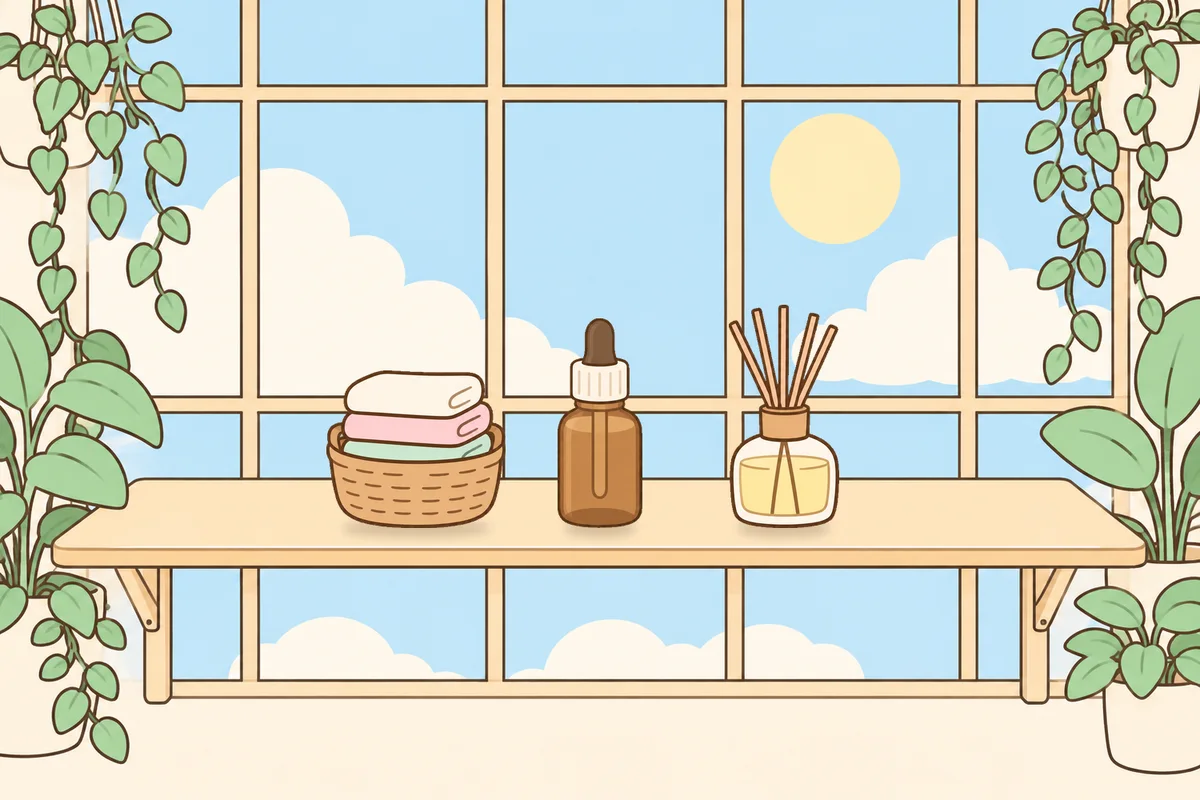 화성 여성전용 아로마테라피 안내 그림, 햇살 드는 창가 선반 위의 수건 바구니, 오일병, 디퓨저