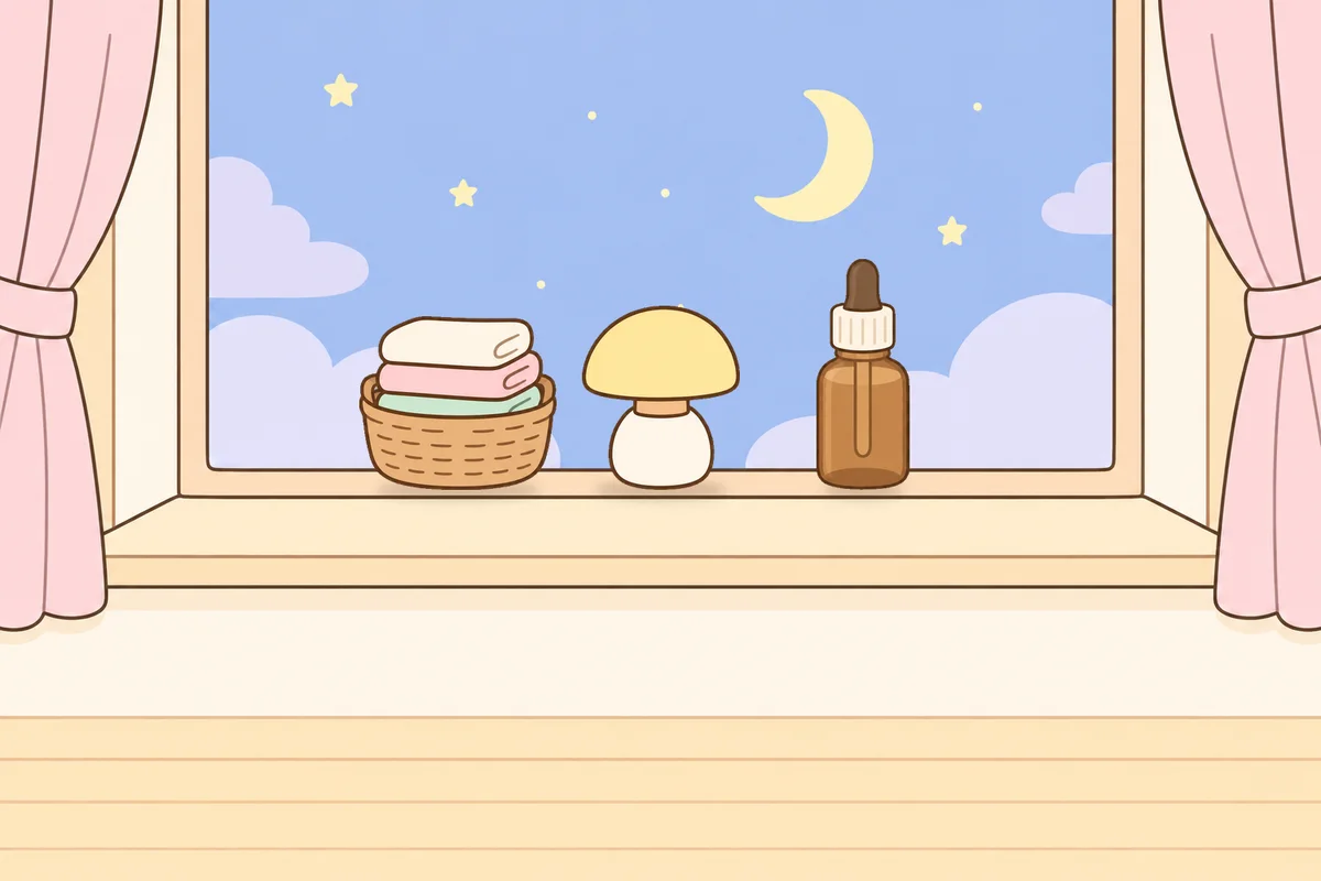 화성 여성전용 라벤더 아로마 안내 그림, 밤 창가 창턱 위의 수건 바구니, 무드등, 오일병