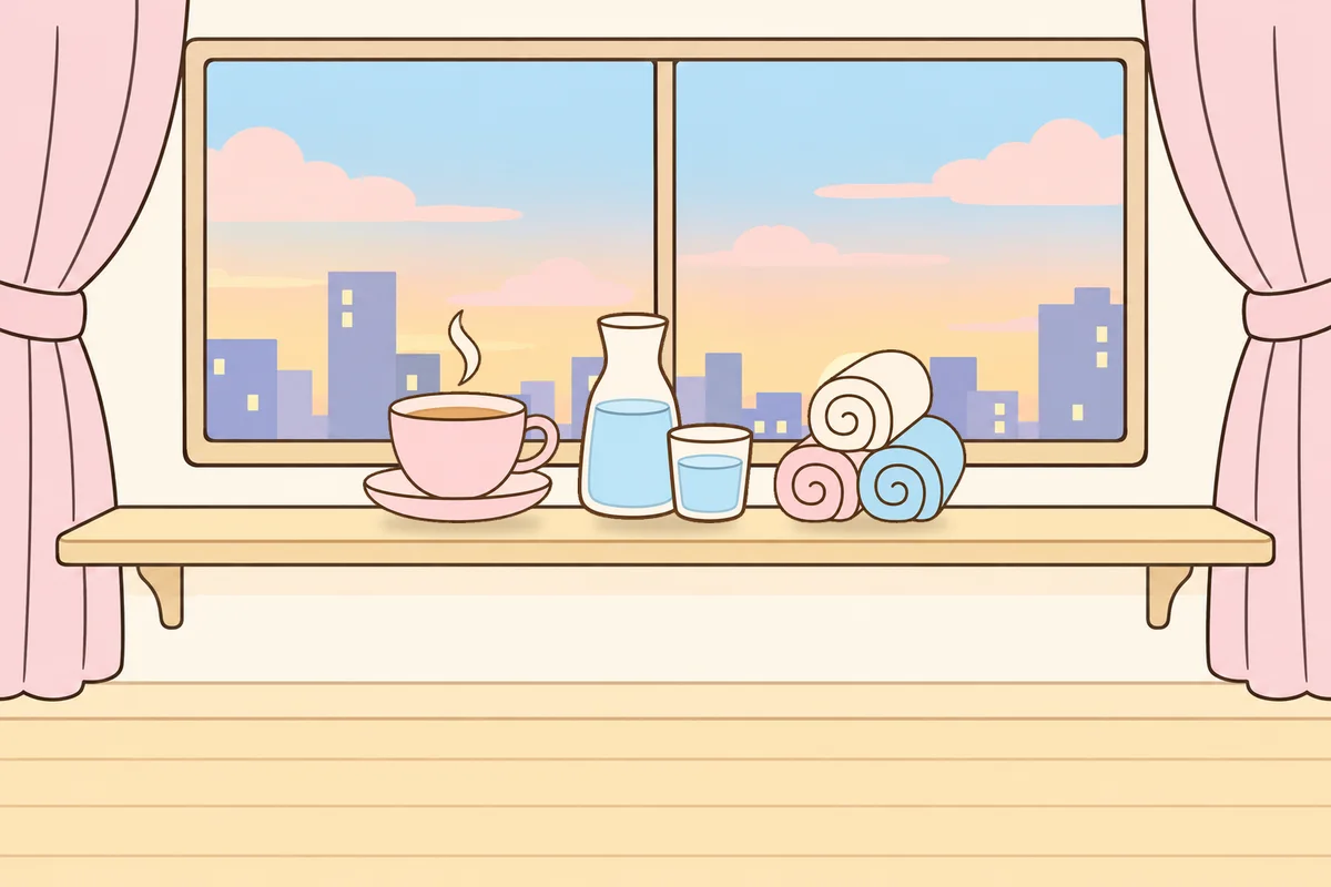 화성 여성전용 아로마 마사지 후기 안내 그림, 호텔 창가 선반 위의 찻잔, 물병, 수건