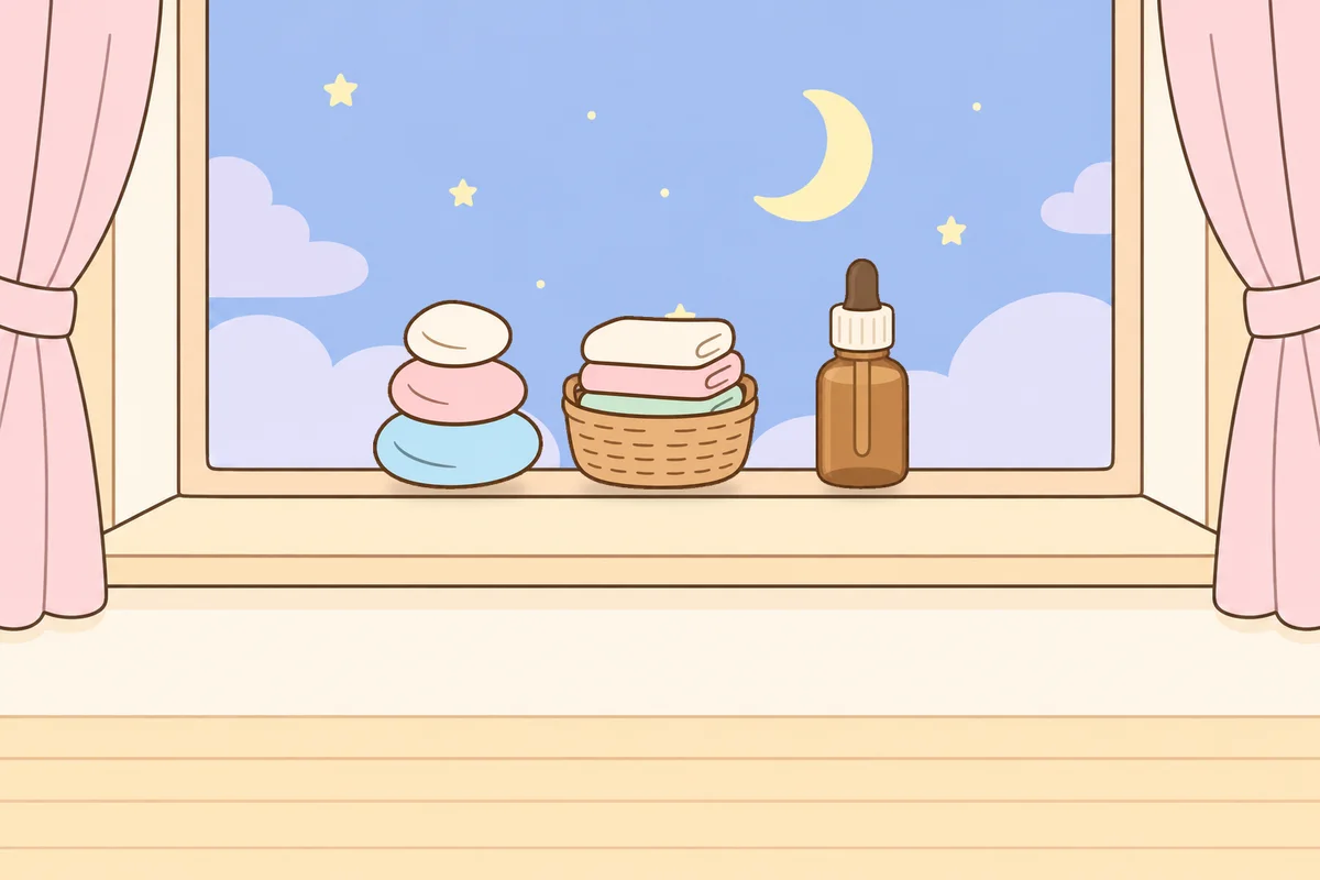 화성 여성전용 스웨디시 가격 안내 그림, 밤 창가 창턱 위의 조약돌, 수건 바구니, 오일병