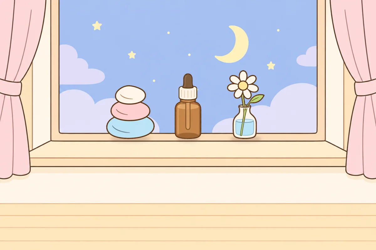 화성 여성전용 아로마 가격 안내 그림, 밤 창가 창턱 위의 조약돌, 오일병, 데이지 꽃병