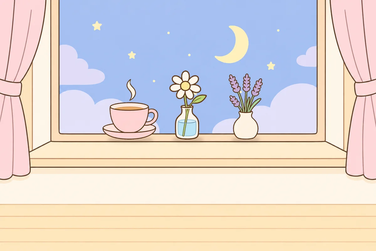 화성 여성전용 경락 마사지 안내 그림, 밤 창가 창턱 위의 찻잔, 데이지 꽃병, 라벤더 꽃병
