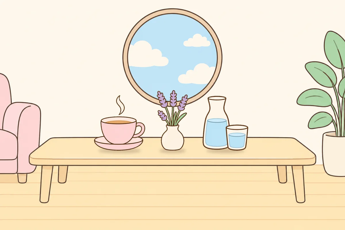 화성 여성전용 경락 가격 안내 그림, 거실 원목 테이블 위의 찻잔, 라벤더 꽃병, 물병