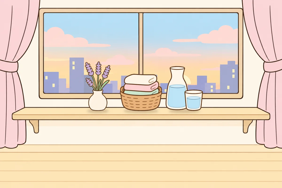 화성 여성전용 방문 홈케어 안내 그림, 호텔 창가 선반 위의 라벤더 꽃병, 수건 바구니, 물병