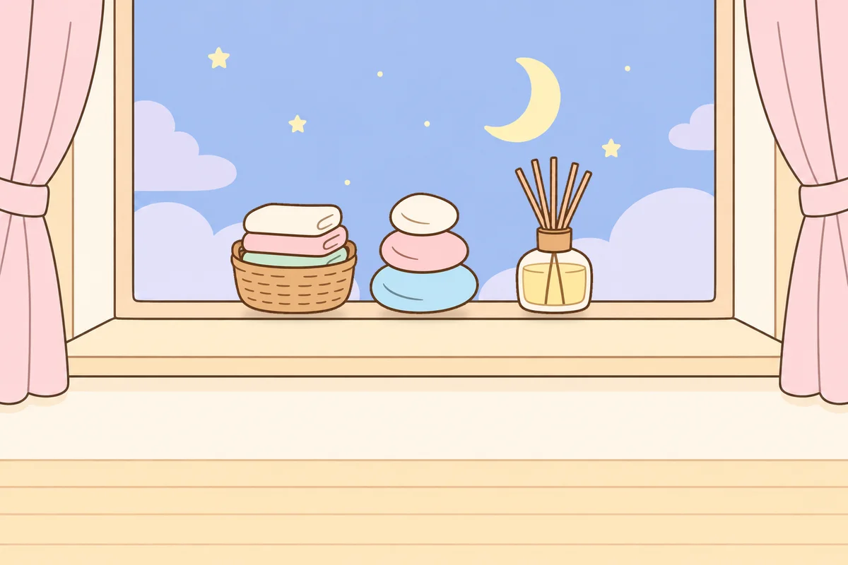 화성 여성전용 1인샵 안내 그림, 밤 창가 창턱 위의 수건 바구니, 조약돌, 디퓨저