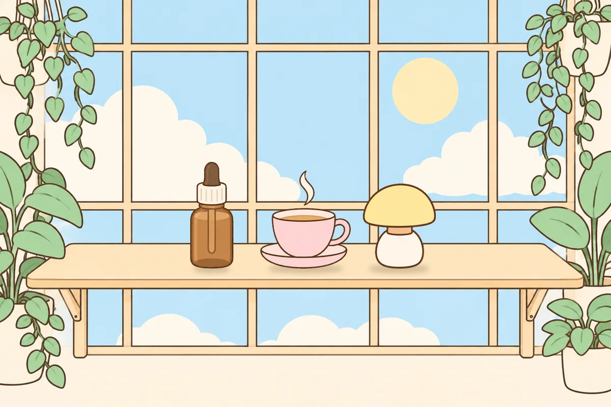 화성 여성전용 발 부종 케어 안내 그림, 햇살 드는 창가 선반 위의 오일병, 찻잔, 무드등