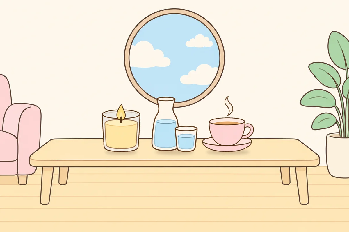 화성 여성전용 발관리 추천 안내 그림, 거실 원목 테이블 위의 향초, 물병, 찻잔