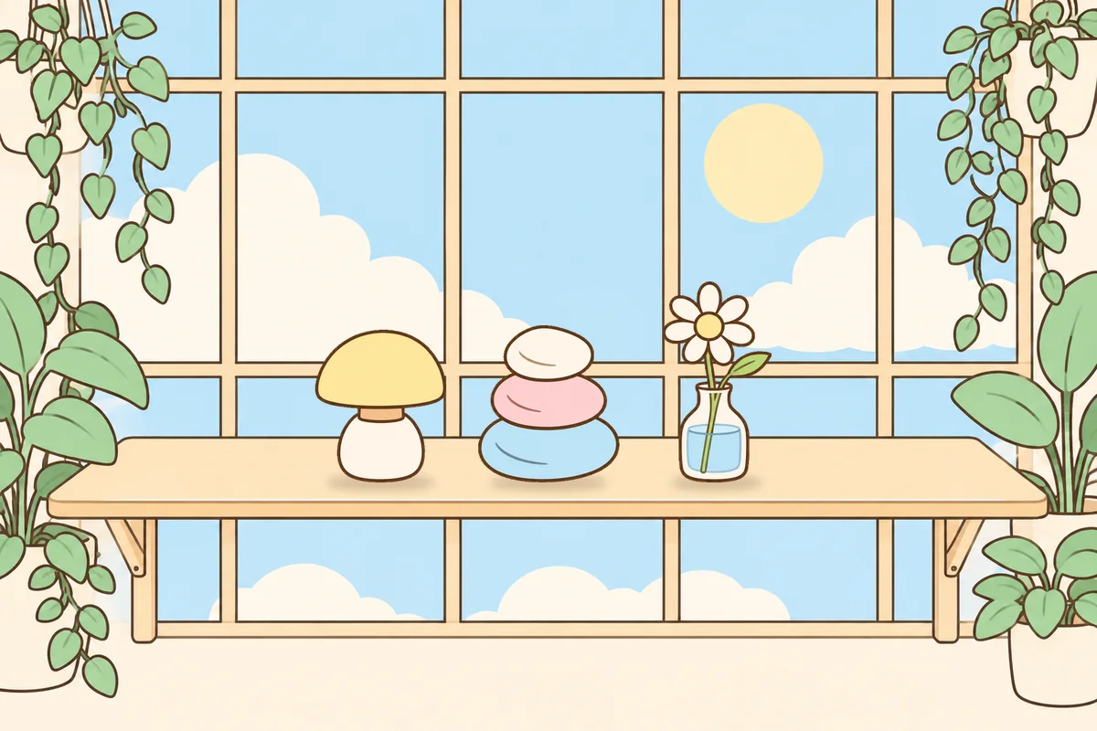 화성 여성전용 부종 케어 안내 그림, 햇살 드는 창가 선반 위의 무드등, 조약돌, 데이지 꽃병