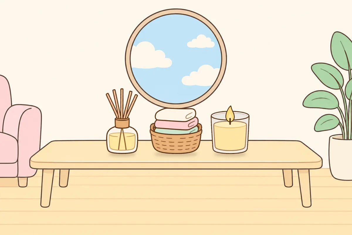 화성 여성전용 디톡스 마사지 안내 그림, 거실 원목 테이블 위의 디퓨저, 수건 바구니, 향초