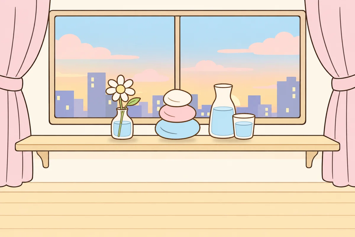 화성 여성전용 두피 마사지 안내 그림, 호텔 창가 선반 위의 데이지 꽃병, 조약돌, 물병
