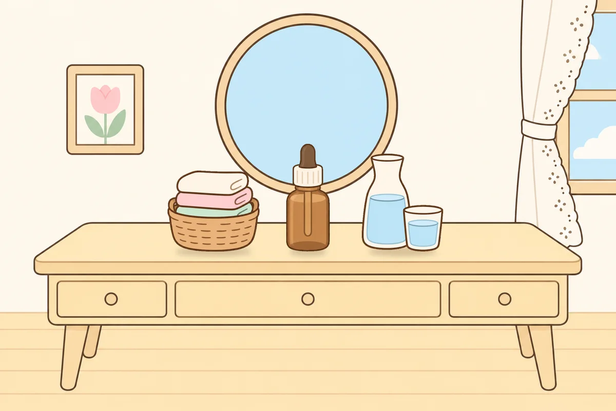 화성 여성전용 목 어깨 케어 안내 그림, 화장대 위의 수건 바구니, 오일병, 물병