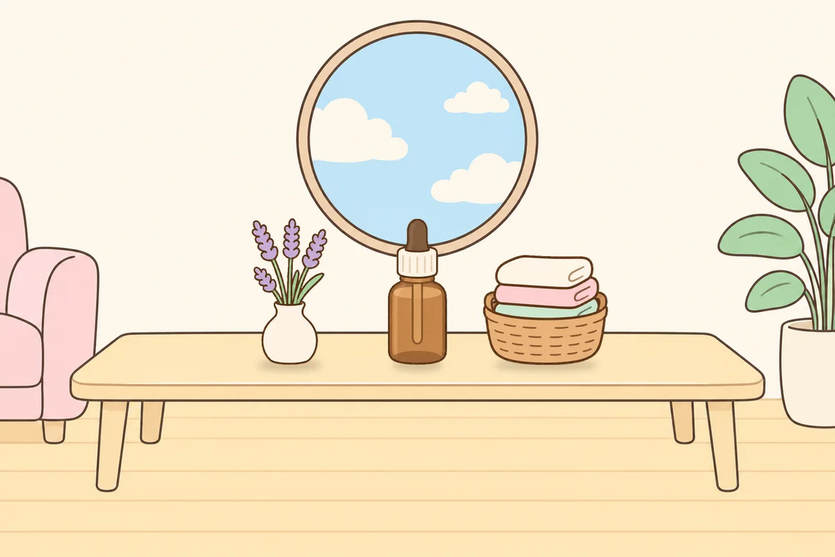 화성 여성전용 두통 완화 마사지 안내 그림, 거실 원목 테이블 위의 라벤더 꽃병, 오일병, 수건 바구니