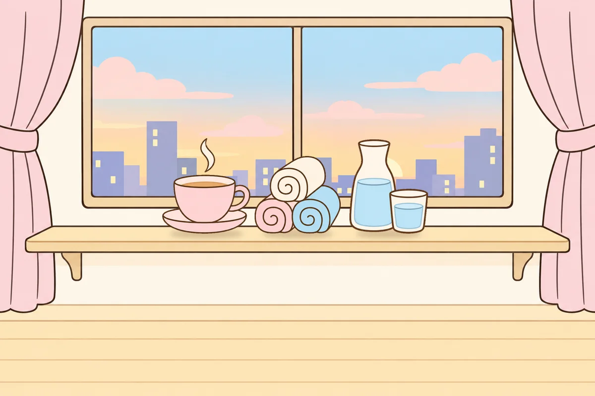 화성 여성전용 수면 케어 안내 그림, 호텔 창가 선반 위의 찻잔, 수건, 물병