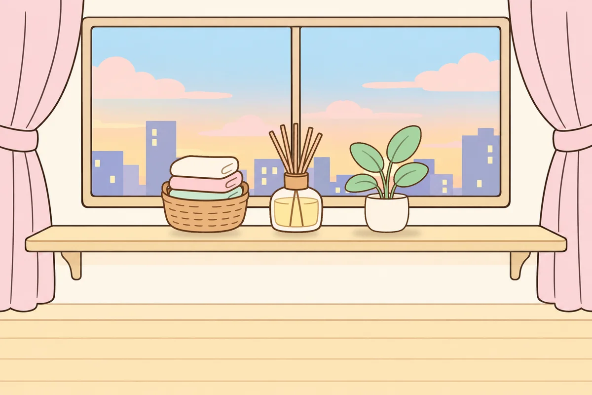 화성 여성전용 림프 페이셜 안내 그림, 호텔 창가 선반 위의 수건 바구니, 디퓨저, 화분