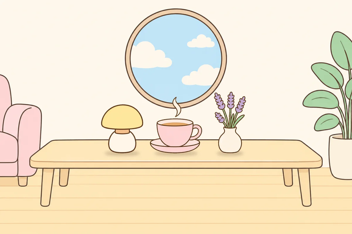 화성 여성전용 브라이덜 케어 안내 그림, 거실 원목 테이블 위의 무드등, 찻잔, 라벤더 꽃병
