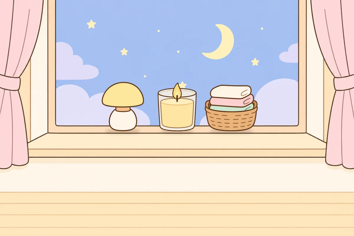 화성 여성전용 피부 관리 안내 그림, 밤 창가 창턱 위의 무드등, 향초, 수건 바구니