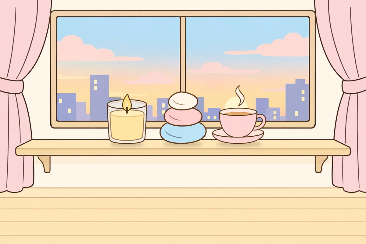 화성 여성전용 출장 마사지 후기 안내 그림, 호텔 창가 선반 위의 향초, 조약돌, 찻잔