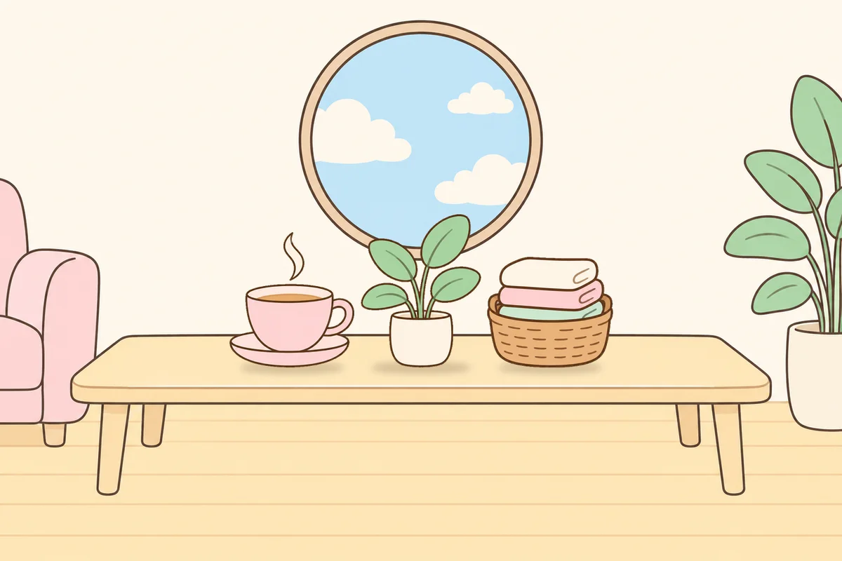 부천 여성전용 스웨디시 추천 안내 그림, 거실 원목 테이블 위의 찻잔, 화분, 수건 바구니