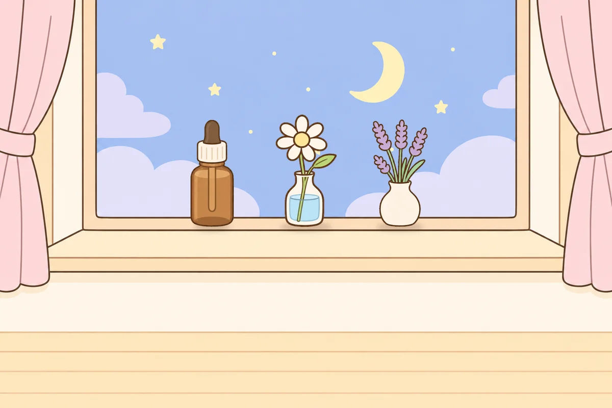 부천 여성전용 경락마사지 안내 그림, 밤 창가 창턱 위의 오일병, 데이지 꽃병, 라벤더 꽃병