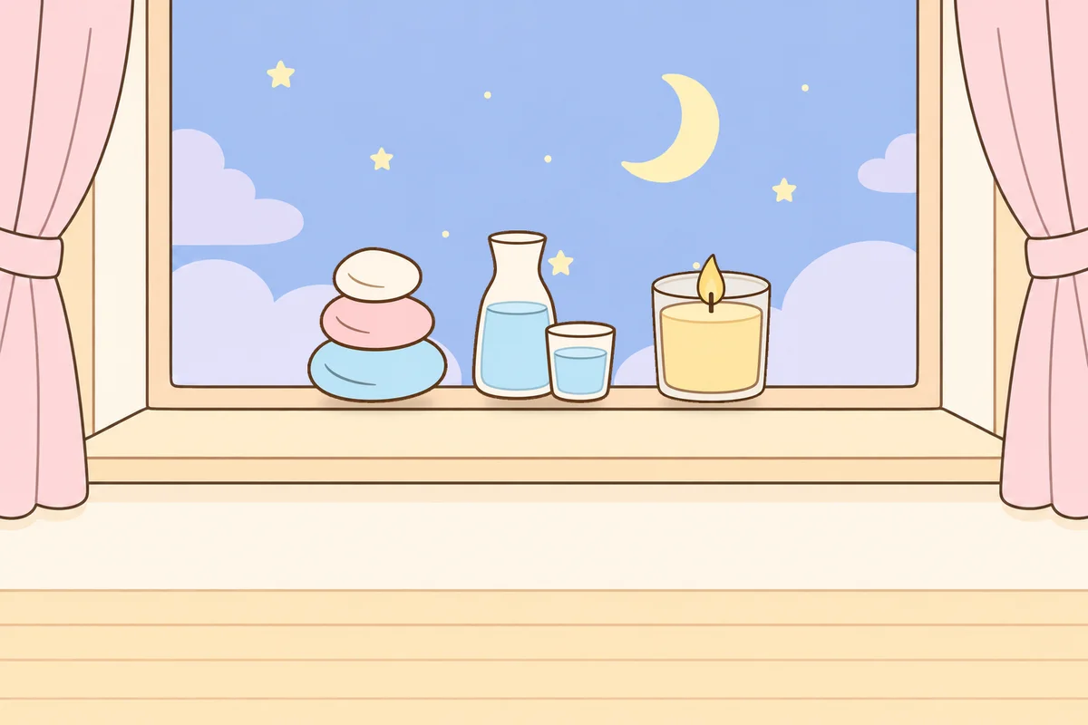 부천 여성전용 경락 케어 안내 그림, 밤 창가 창턱 위의 조약돌, 물병, 향초
