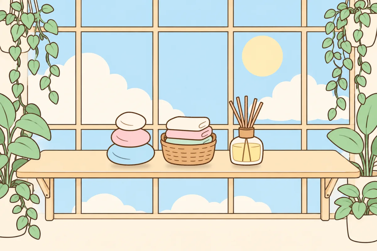 부천 여성전용 얼굴 경락 안내 그림, 햇살 드는 창가 선반 위의 조약돌, 수건 바구니, 디퓨저