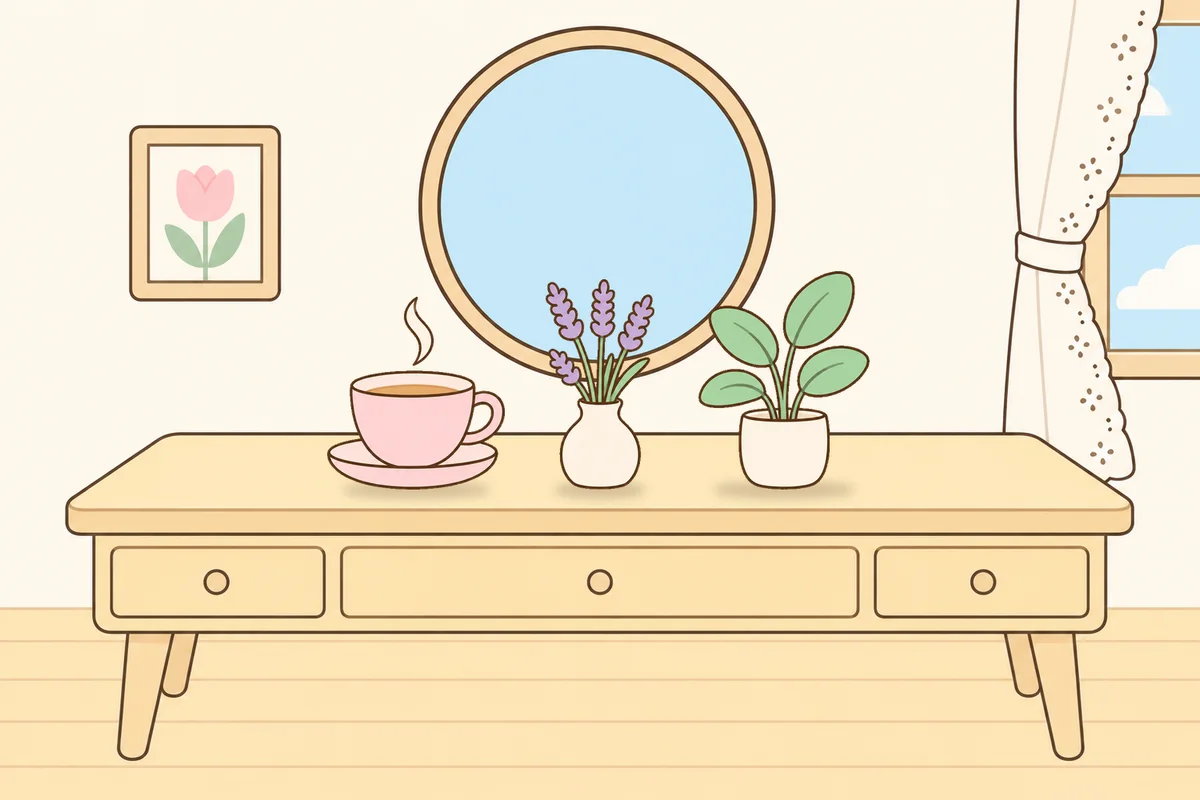 부천 여성전용 홈케어 후기 안내 그림, 화장대 위의 찻잔, 라벤더 꽃병, 화분