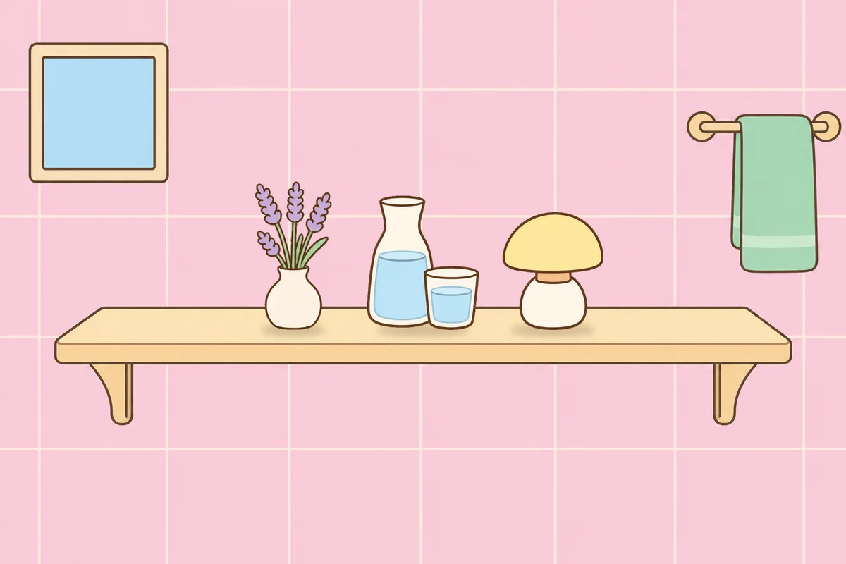 부천 여성전용 홈케어 추천 안내 그림, 파우더룸 선반 위의 라벤더 꽃병, 물병, 무드등