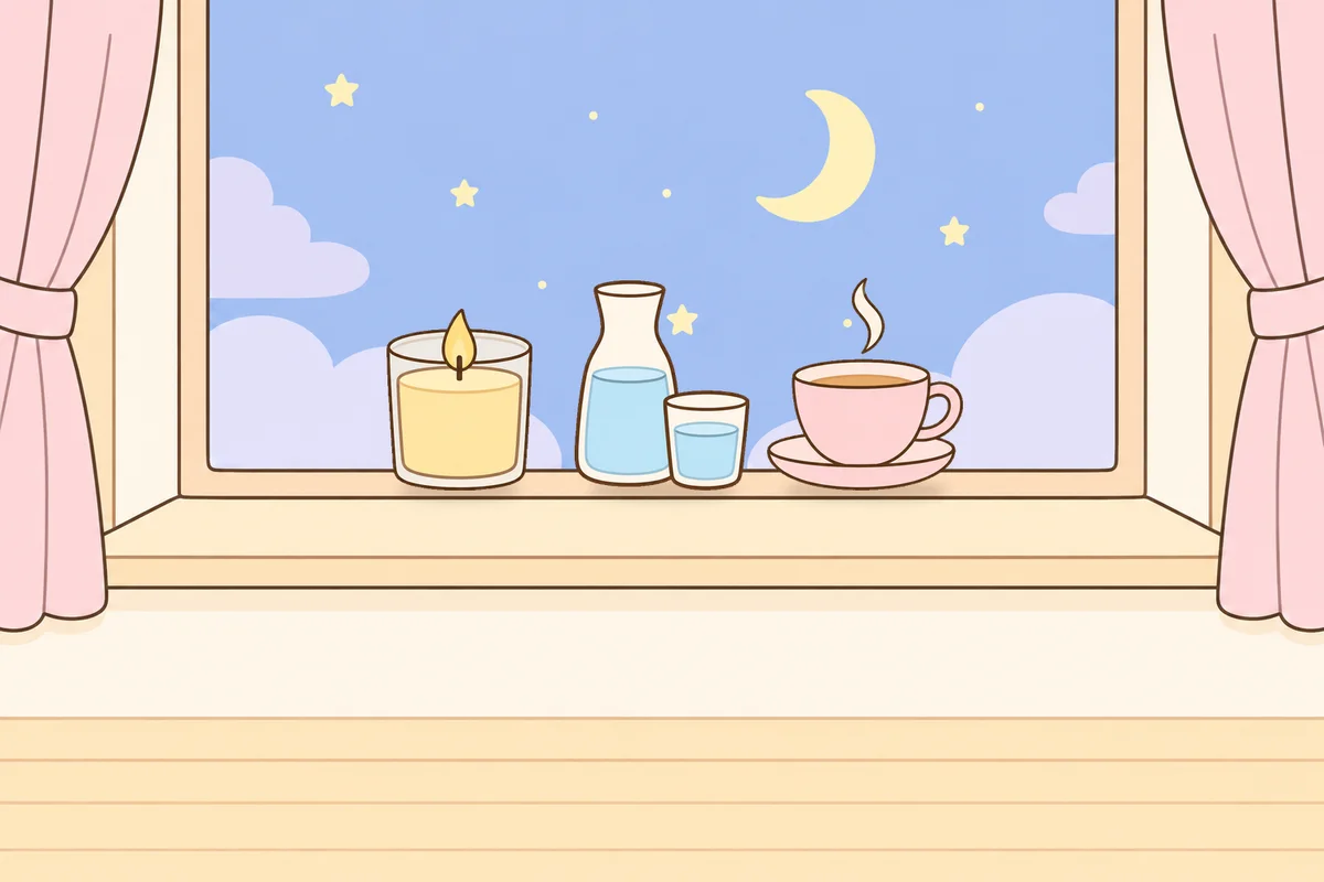 부천 여성전용 발관리 안내 그림, 밤 창가 창턱 위의 향초, 물병, 찻잔