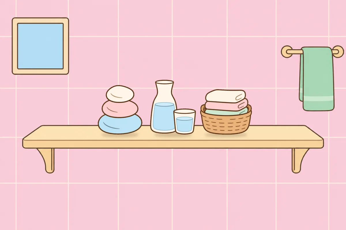 부천 여성전용 발 케어 안내 그림, 파우더룸 선반 위의 조약돌, 물병, 수건 바구니