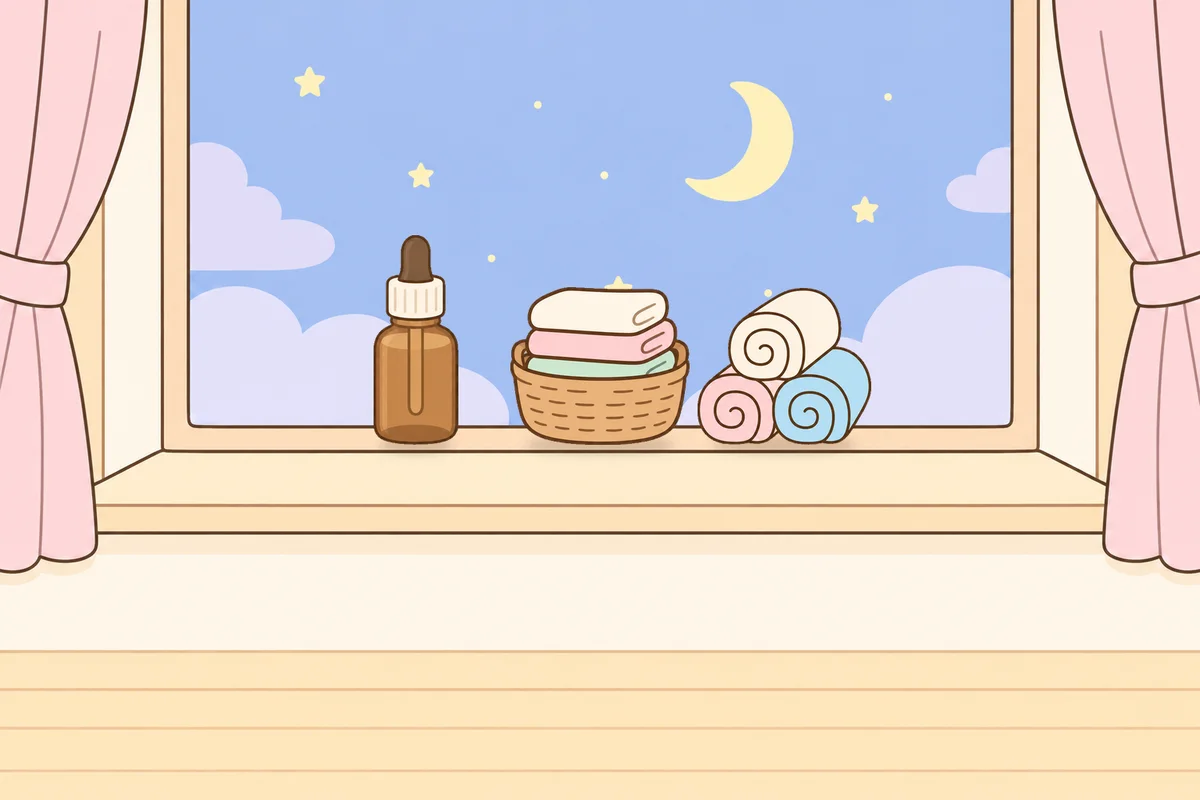 부천 여성전용 셀룰라이트 관리 안내 그림, 밤 창가 창턱 위의 오일병, 수건 바구니, 수건