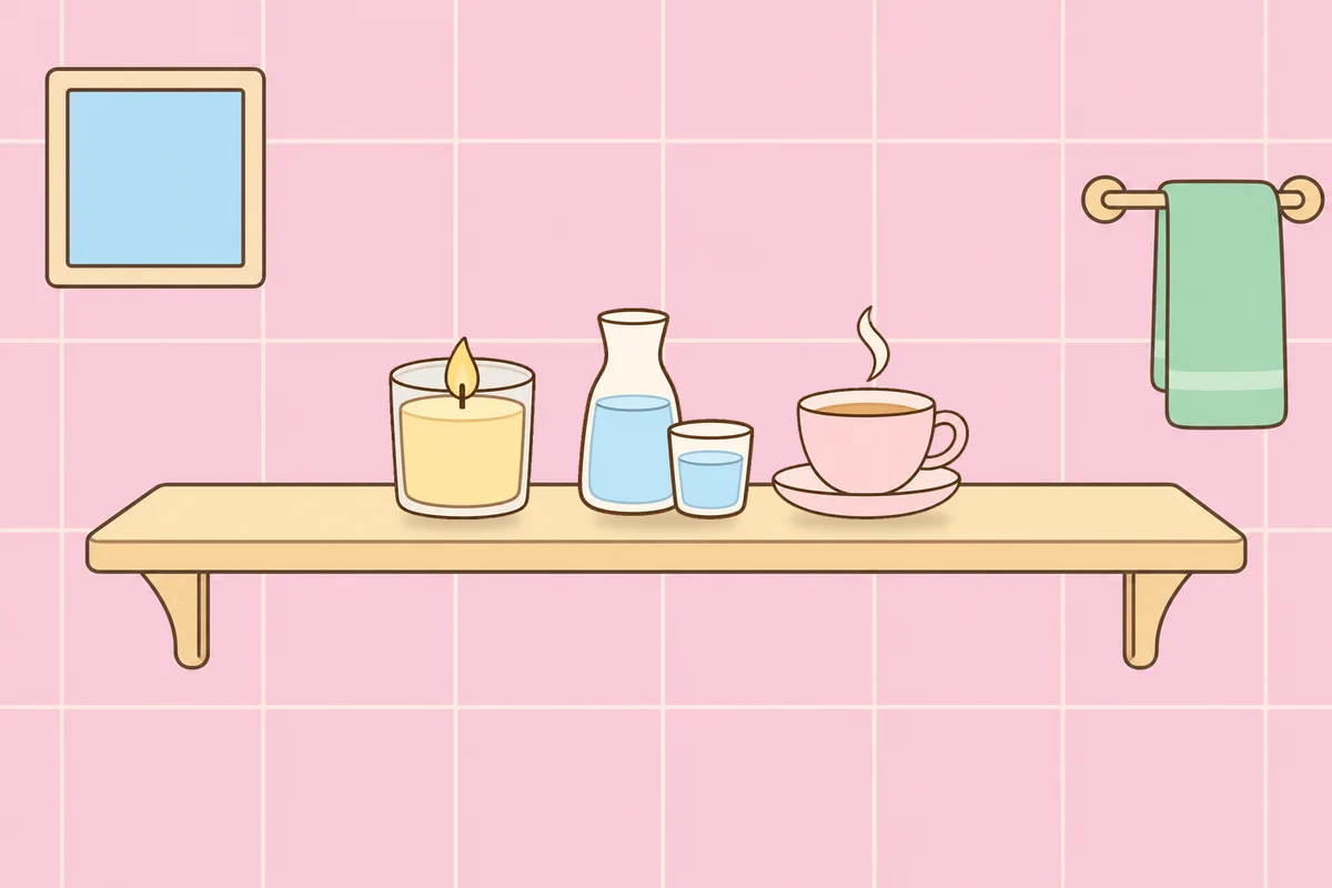 부천 여성전용 바디 케어 안내 그림, 파우더룸 선반 위의 향초, 물병, 찻잔