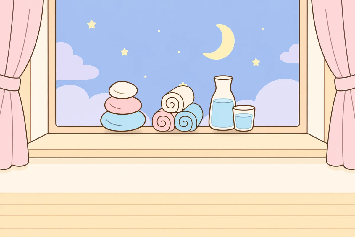 부천 여성전용 등 마사지 안내 그림, 밤 창가 창턱 위의 조약돌, 수건, 물병
