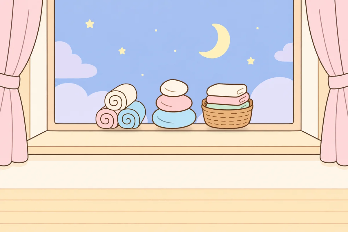 부천 여성전용 두피 케어 안내 그림, 밤 창가 창턱 위의 수건, 조약돌, 수건 바구니