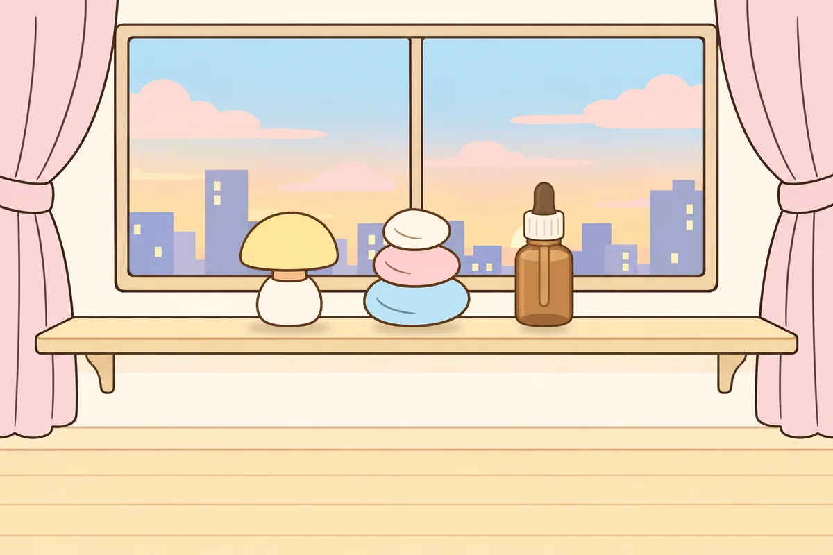 부천 여성전용 어깨 마사지 안내 그림, 호텔 창가 선반 위의 무드등, 조약돌, 오일병