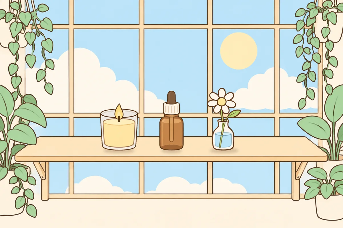 부천 여성전용 두통 완화 마사지 안내 그림, 햇살 드는 창가 선반 위의 향초, 오일병, 데이지 꽃병
