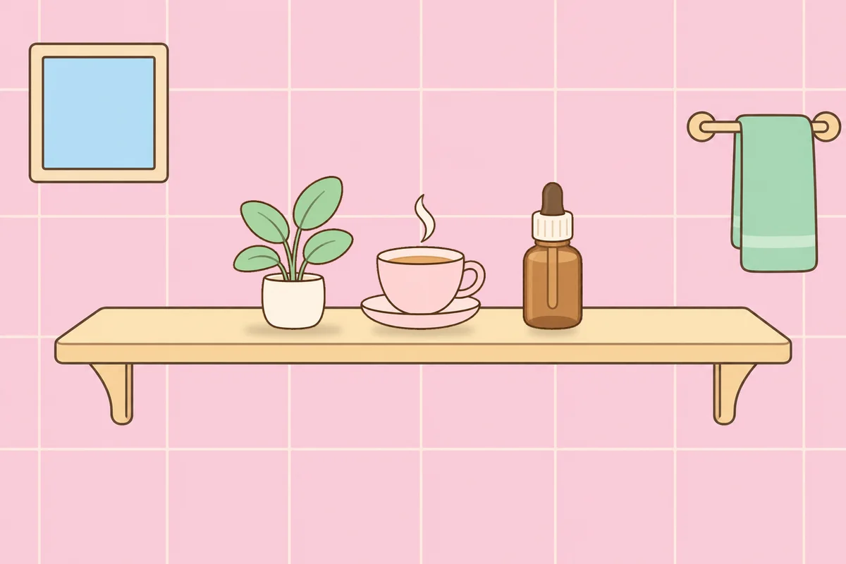 부천 여성전용 스트레스 케어 안내 그림, 파우더룸 선반 위의 화분, 찻잔, 오일병