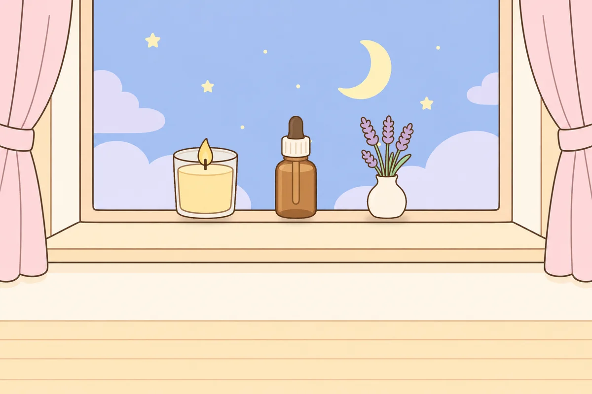 부천 여성전용 림프 페이셜 안내 그림, 밤 창가 창턱 위의 향초, 오일병, 라벤더 꽃병