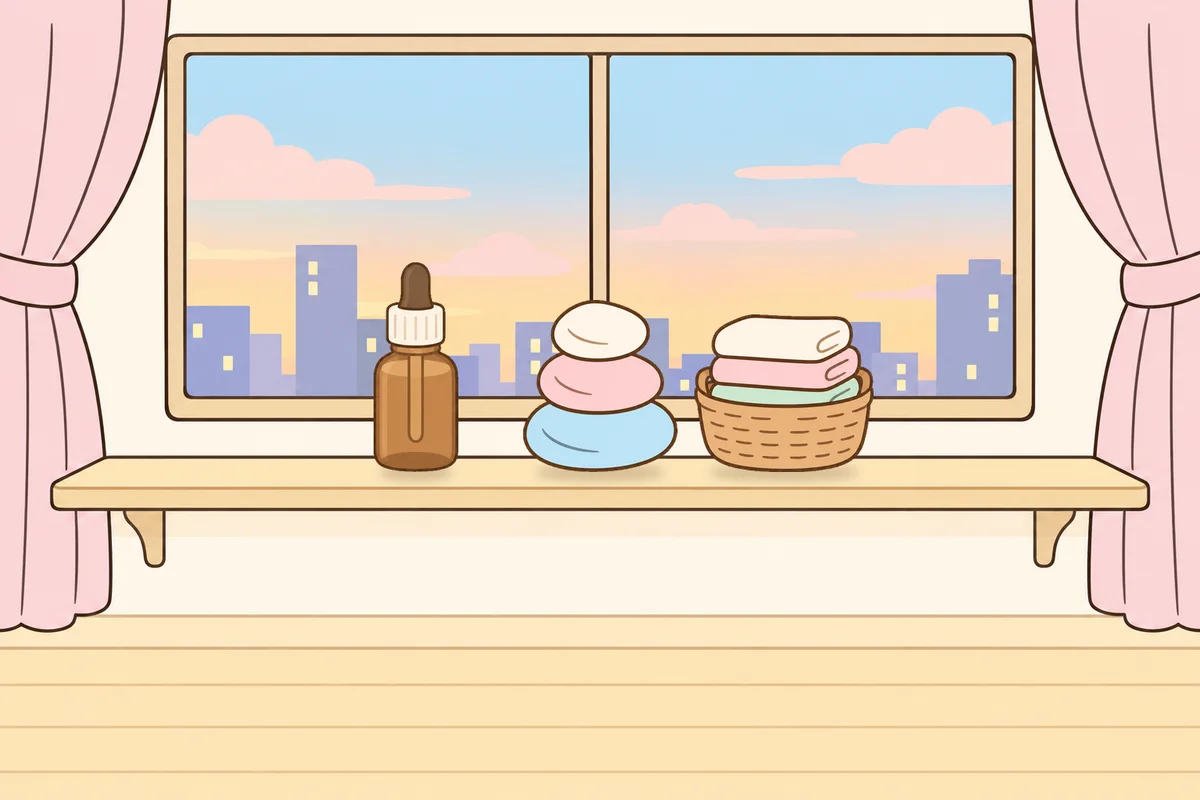 부천 여성전용 안티에이징 케어 안내 그림, 호텔 창가 선반 위의 오일병, 조약돌, 수건 바구니