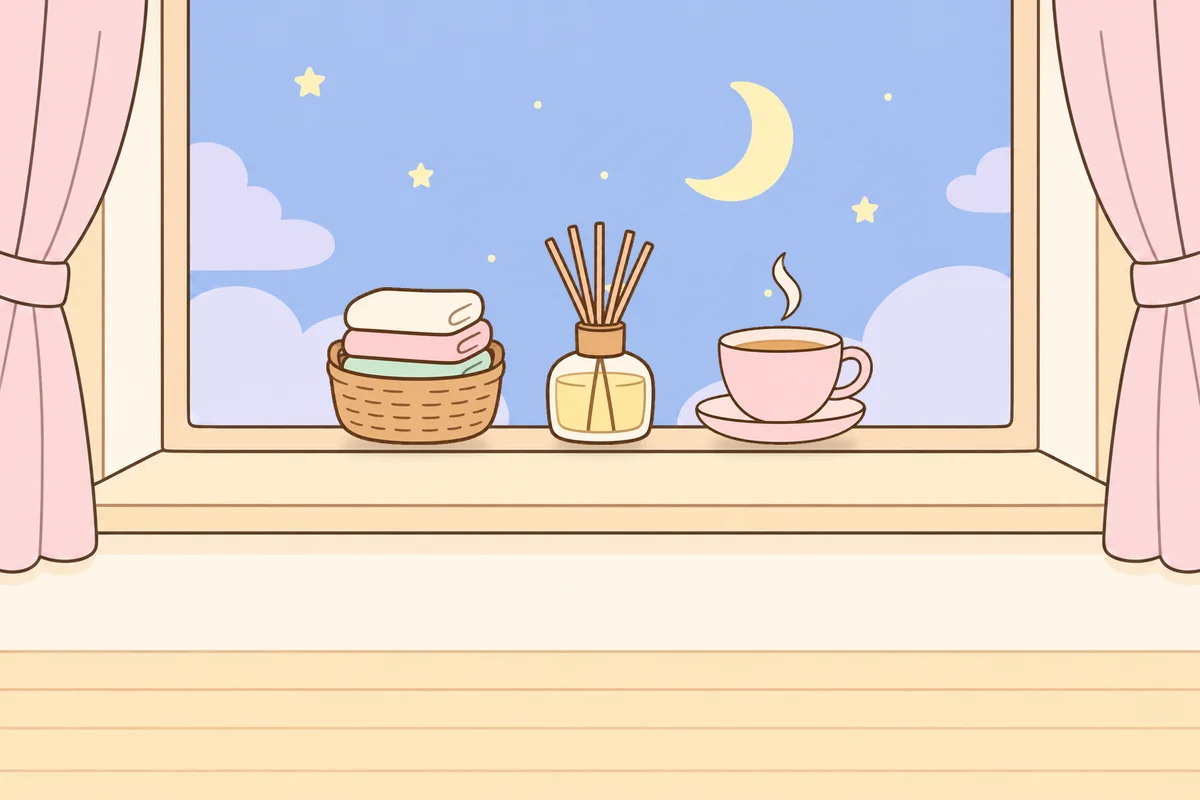 부천 여성전용 브라이덜 케어 안내 그림, 밤 창가 창턱 위의 수건 바구니, 디퓨저, 찻잔