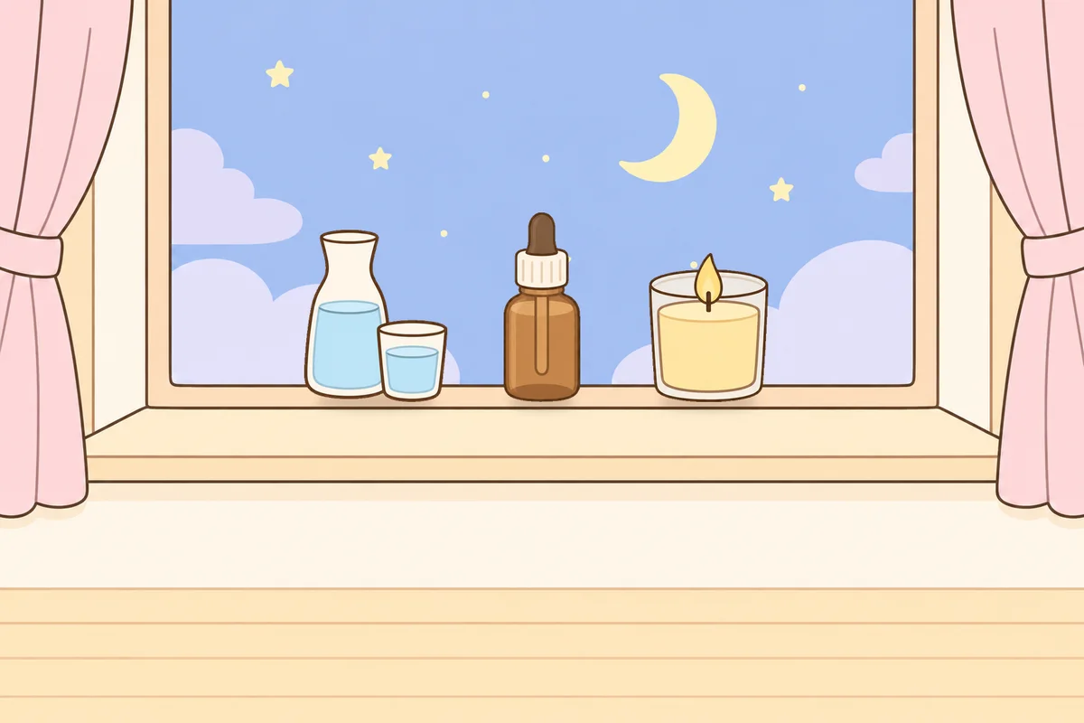 부천 여성전용 마사지샵 안내 그림, 밤 창가 창턱 위의 물병, 오일병, 향초