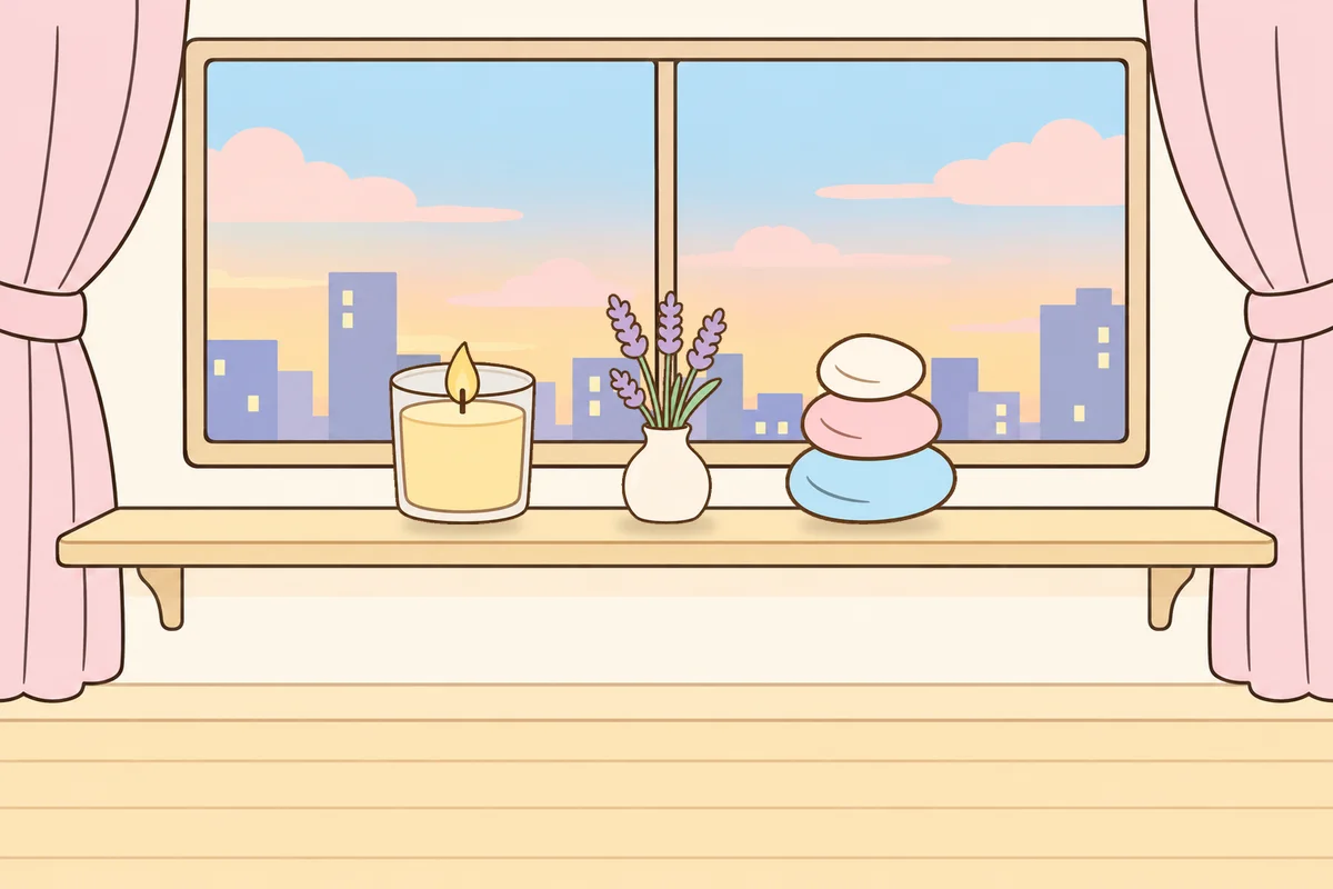 부천 여성전용 마사지 예약 안내 그림, 호텔 창가 선반 위의 향초, 라벤더 꽃병, 조약돌