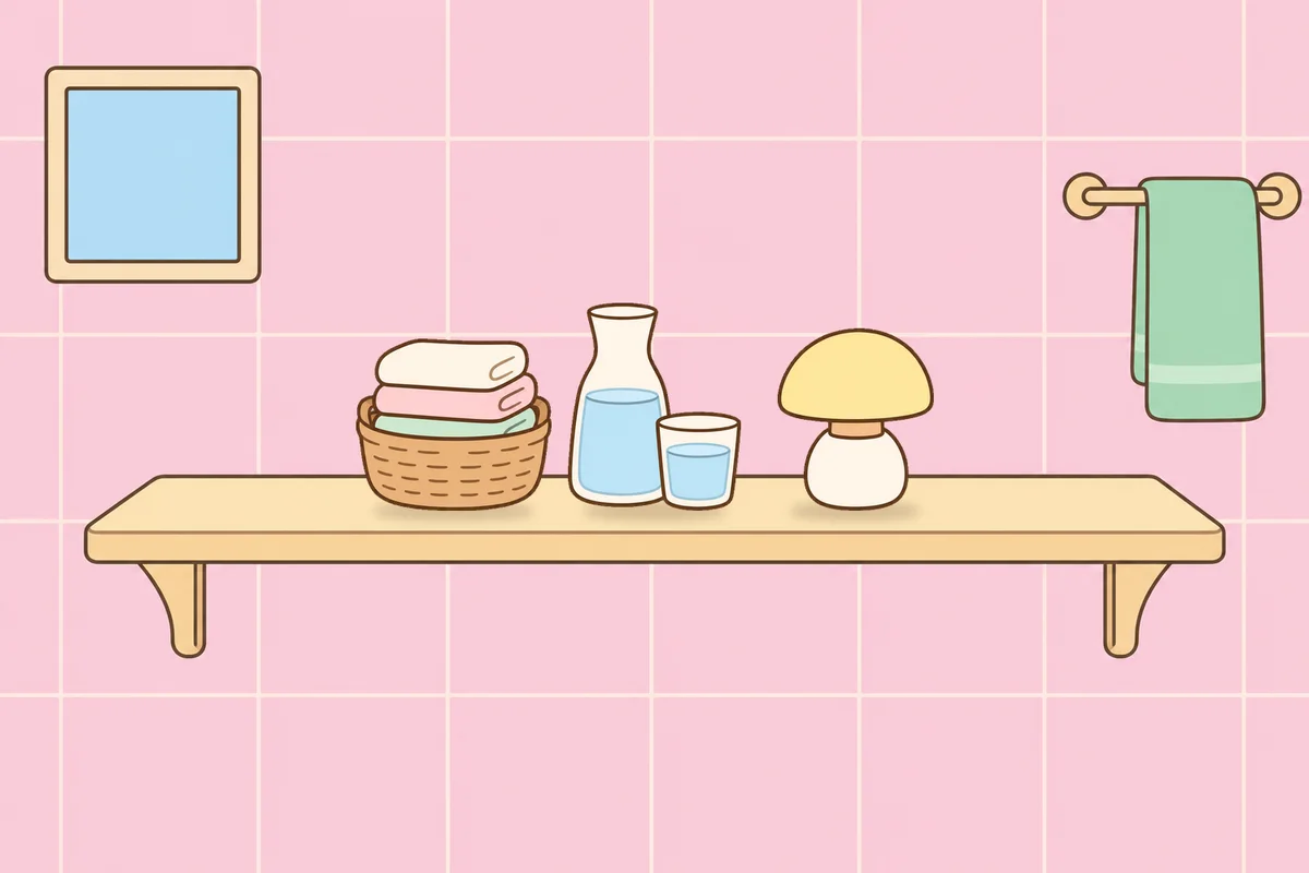 부천 여성전용 마사지 후기 안내 그림, 파우더룸 선반 위의 수건 바구니, 물병, 무드등