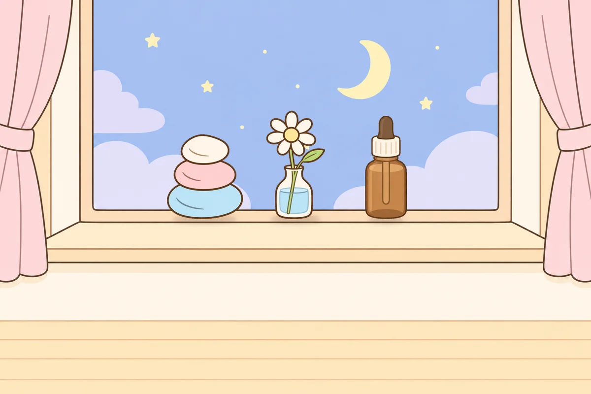 부천 여성전용 마사지 가격 안내 그림, 밤 창가 창턱 위의 조약돌, 데이지 꽃병, 오일병