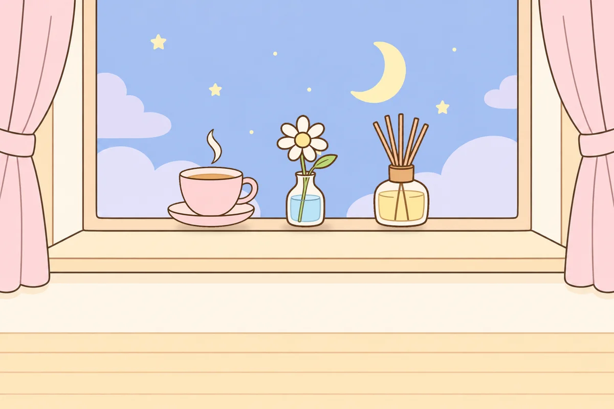 안산 여성전용 아로마 마사지 안내 그림, 밤 창가 창턱 위의 찻잔, 데이지 꽃병, 디퓨저