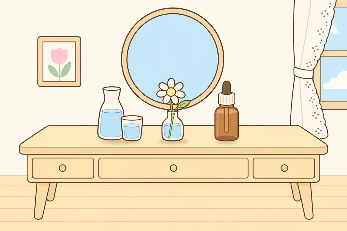 안산 여성전용 아로마 가격 안내 그림, 화장대 위의 물병, 데이지 꽃병, 오일병